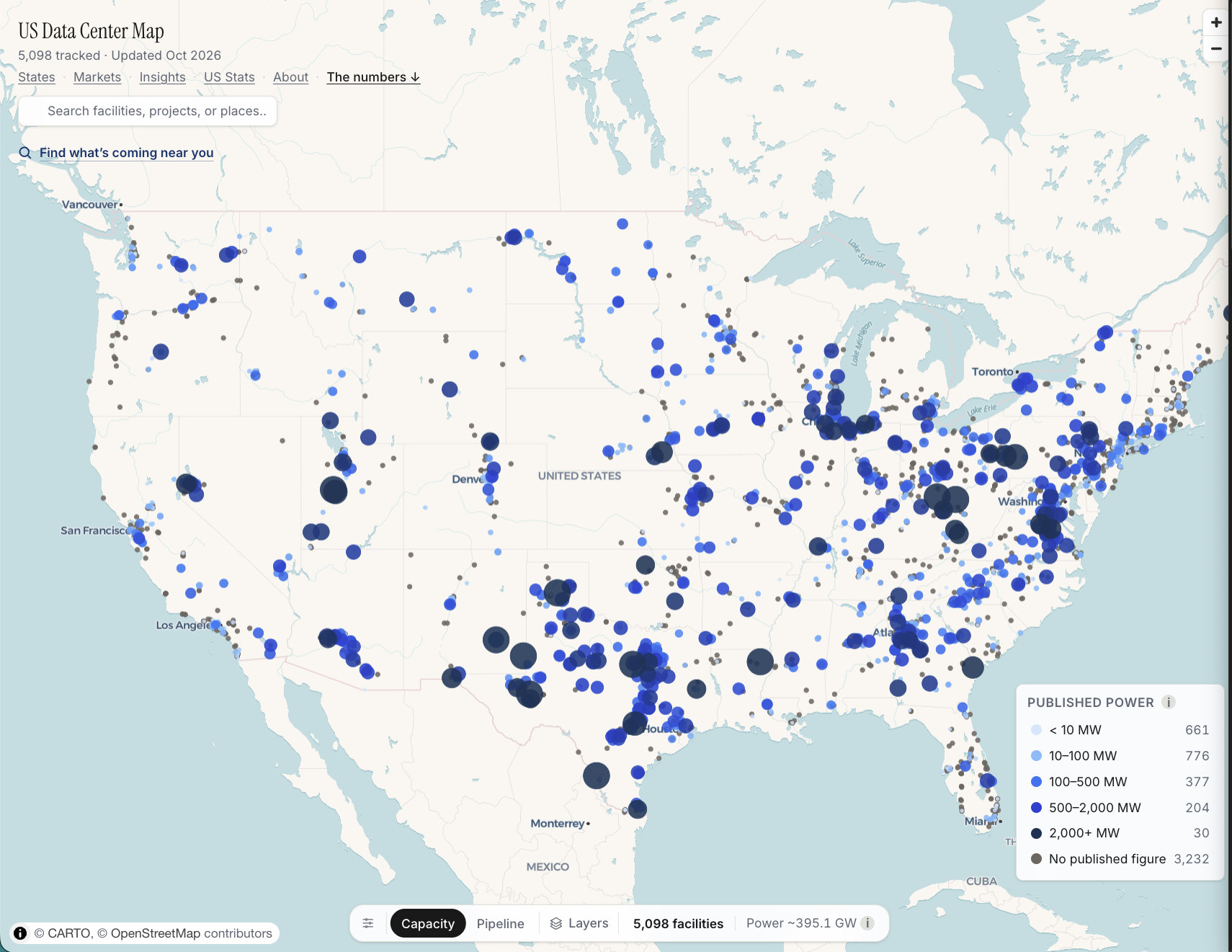 US Data Center Map from dcmap.us, October 2026